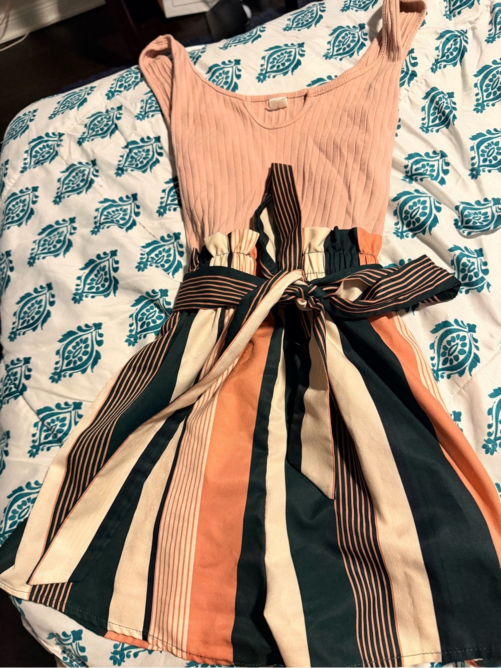 Windsor Peach Ribbed Tank Striped Tie-Waist Romper